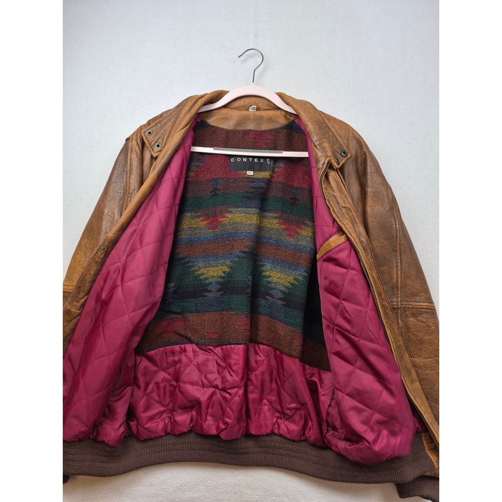 Context Vintage Brown Leather Bomber Jacket Southwestern Lining Mens LT 46-6331